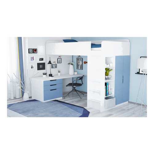 Кровать-чердак Polini Simple с письменным столом и шкафом, белый-синий в Шатура